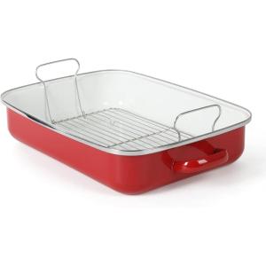 Martha Stewart Thayer 18″ Enamel on Steel Roaster Pan w/Stainless Steel Rack – Red(Red)