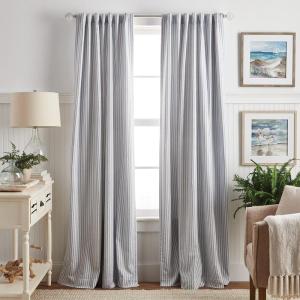 Martha Stewart Ticking Stripe Blackout Lining Rod Pocket/Back Tab Window Curtain Panel Pair, 95″, White/Indigo(White/Indigo)