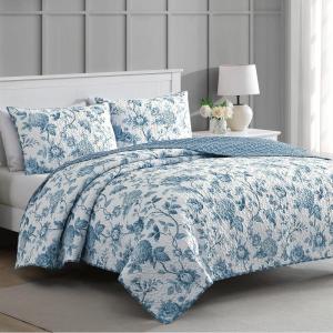 Martha Stewart Twin Size Quilt Bedding Set – 2 Piece, Soft Washed Microfiber, Printed Bedspread, Reversible, All Season, 1 Quilt, 1 Standard Pillow Sham, Blue, White & Red, Painted Floral Print(Tiana Floral)
