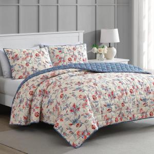 Martha Stewart Twin Size Quilt Bedding Set – 2 Piece, Soft Washed Microfiber, Printed Bedspread, Reversible, All Season, 1 Quilt, 1 Standard Pillow Sham, Blue, White & Red, Painted Floral Print(Nadine Painted Jacobean)
