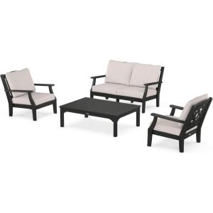 Martha Stewart by POLYWOOD® Chinoiserie 4-Piece Deep Seating Set with Loveseat in Sand/Glacier Spa(Black / Dune Burlap)