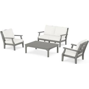 Martha Stewart by POLYWOOD® Chinoiserie 4-Piece Deep Seating Set with Loveseat in Sand/Glacier Spa(Slate Grey / Natural Linen)