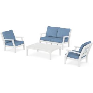 Martha Stewart by POLYWOOD® Chinoiserie 4-Piece Deep Seating Set with Loveseat in Sand/Glacier Spa(White / Sky Blue)