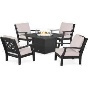 Martha Stewart by POLYWOOD® Chinoiserie 5-Piece Deep Seating Set with Fire Pit Table in Sand/Glacier Spa(Black / Dune Burlap)