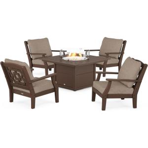 Martha Stewart by POLYWOOD® Chinoiserie 5-Piece Deep Seating Set with Fire Pit Table in Sand/Glacier Spa(Mahogany / Spiced Burlap)