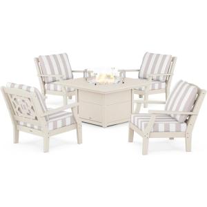 Martha Stewart by POLYWOOD® Chinoiserie 5-Piece Deep Seating Set with Fire Pit Table in Sand/Glacier Spa(Sand / Cabana Stripe Dune Burlap)