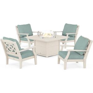 Martha Stewart by POLYWOOD® Chinoiserie 5-Piece Deep Seating Set with Fire Pit Table in Sand/Glacier Spa(Sand / Glacier Spa)