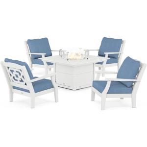 Martha Stewart by POLYWOOD® Chinoiserie 5-Piece Deep Seating Set with Fire Pit Table in Sand/Glacier Spa(White / Sky Blue)
