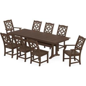 Martha Stewart by POLYWOOD® Chinoiserie 9-Piece Farmhouse Dining Set with Trestle Legs in Sand(Mahogany)