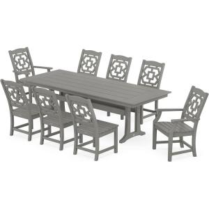 Martha Stewart by POLYWOOD® Chinoiserie 9-Piece Farmhouse Dining Set with Trestle Legs in Sand(Slate Grey)