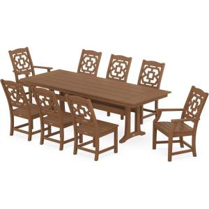 Martha Stewart by POLYWOOD® Chinoiserie 9-Piece Farmhouse Dining Set with Trestle Legs in Sand(Teak)