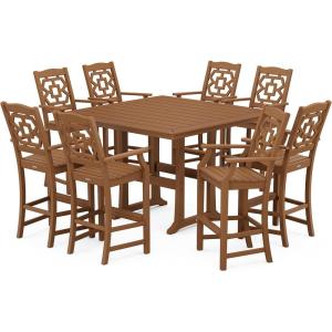 Martha Stewart by POLYWOOD® Chinoiserie 9-Piece Square Bar Set with Trestle Legs in Sand(Teak)