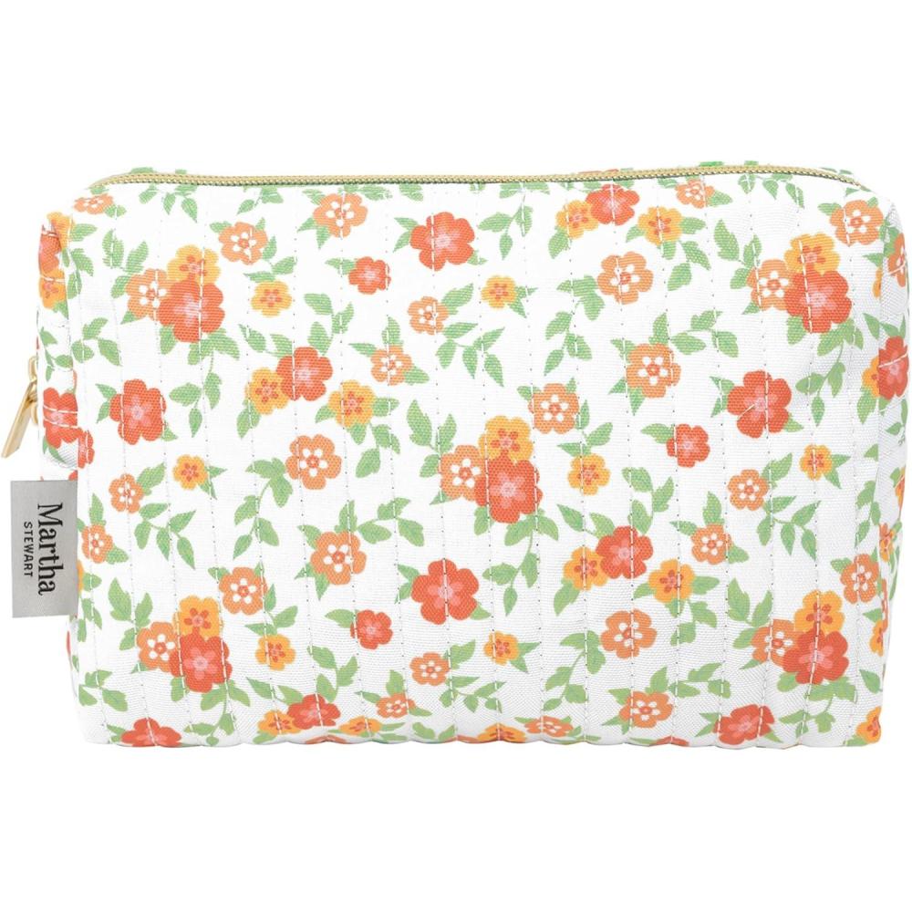 imageMartha Stewart Quilted Makeup Bag Compact Cosmetic Organizer for Women Small Zipper Pouch with PVC Lining 875quot x 4quot x 6quot Floral Cloud Dancer