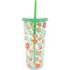 Martha Stewart Double Wall Tumbler with Lid and Reusable Straw, Floral Plastic Cup, Insulated Travel Cup Holds 24 Ounces, Floral Cloud Dancer
