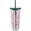 Martha Stewart Double Wall Tumbler with Lid and Reusable Straw, Floral Plastic Cup, Insulated Travel Cup Holds 24 Ounces (Holiday Bow Stripe)