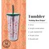 Martha Stewart Double Wall Tumbler with Lid and Reusable Straw, Floral Plastic Cup, Insulated Travel Cup Holds 24 Ounces (Holiday Bow Stripe)