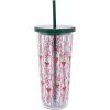 Martha Stewart Double Wall Tumbler with Lid and Reusable Straw, Floral Plastic Cup, Insulated Travel Cup Holds 24 Ounces (Holiday Bow Stripe)