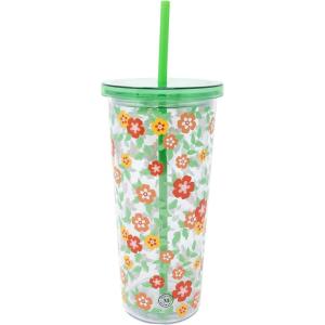 Martha Stewart Double Wall Tumbler with Lid and Reusable Straw, Floral Plastic Cup, Insulated Travel Cup Holds 24 Ounces, Floral Cloud Dancer