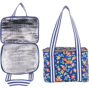 Martha Stewart Insulated Cooler Bag, Spacious 11.8″ x 8.5″ x 12.2″ Reusable Grocery Bag for Food and Beverages, Durable Cotton Canvas with Insulated Interior (Floral Deep Ultramarine)