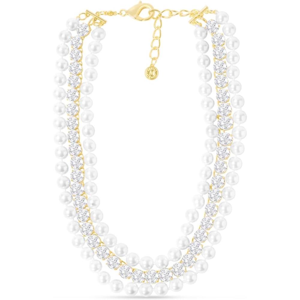 imageMartha Stewart Three Strand Pearl and Crystal Necklace In Gold 18 Inches For Women
