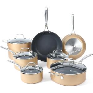 Martha Stewart 12 Piece Heavy Gauge Aluminum Hard Anodized Premium Nonstick Cookware Set, Induction Safe, Copper w/Black Interior(Copper (12pc Set))