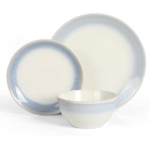 Martha Stewart Perry Street 12pc Stoneware Reactive Dinnerware Set – White w/Blue Rim
