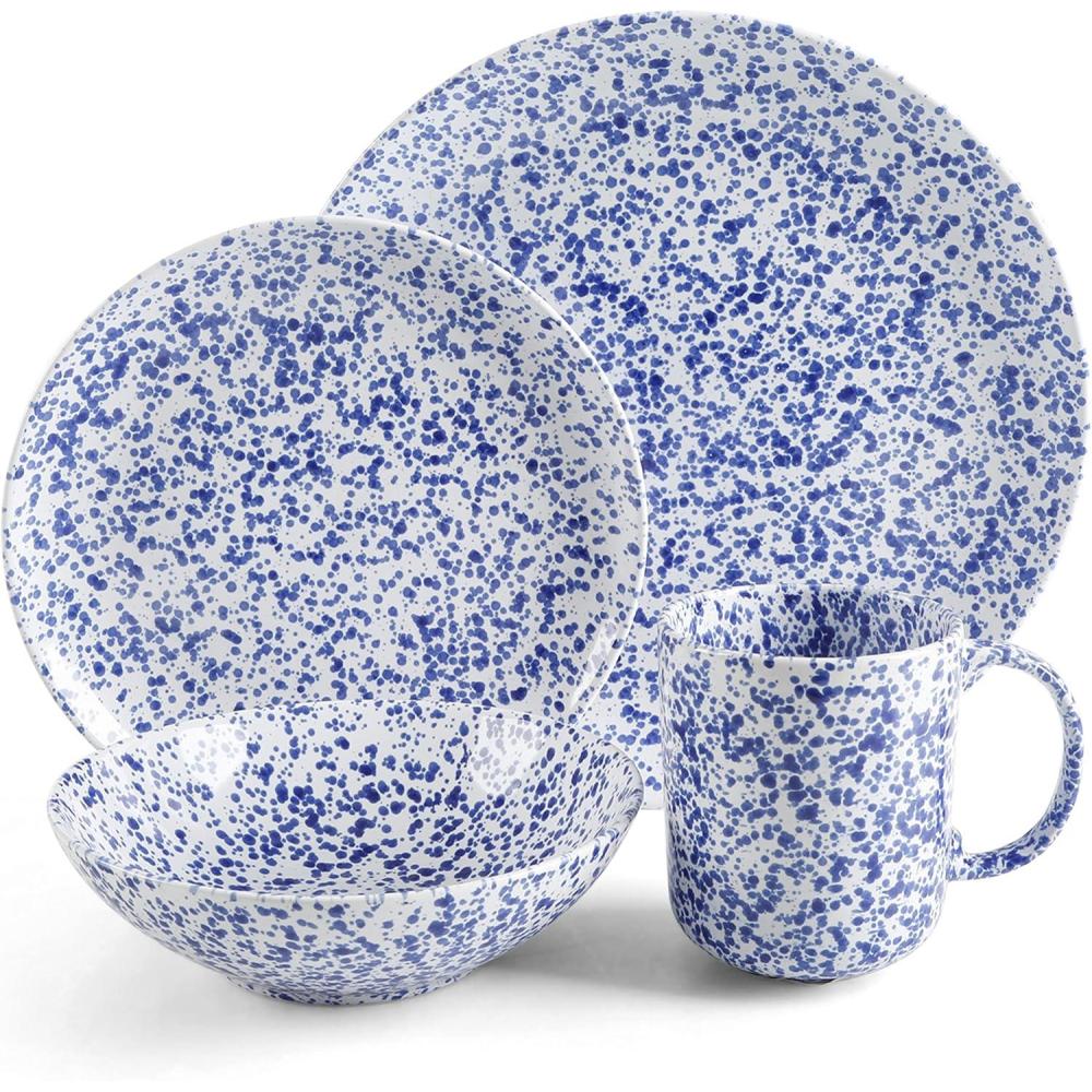 imageMartha Stewart Warham Splatter Handpainted Stoneware Dinnerware Set  Blue Service for 4 16pcs