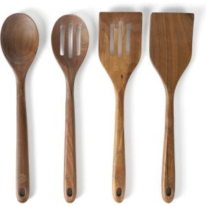 Martha Stewart Bainford 4-Piece Wooden Kitchen Utensil Set, Walnut – Cooking Spoons and Turner Tools for Nonstick Cookware, Heat Resistant, Durable Hardwood