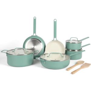 Martha Stewart Emmeline Premium Nonstick PFA Free Ceramic Interior 12 Piece Heavy Gauge Enamel Aluminum Pots and Pans Cookware Set – Teal(Teal)