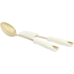 Martha Stewart Lockton 2-Piece Kitchen Scraper and Spoon Set – Stainless Steel and Nylon Cooking Utensils with Linen Handles and Gold Accents, Durable Heat-Resistant Tools