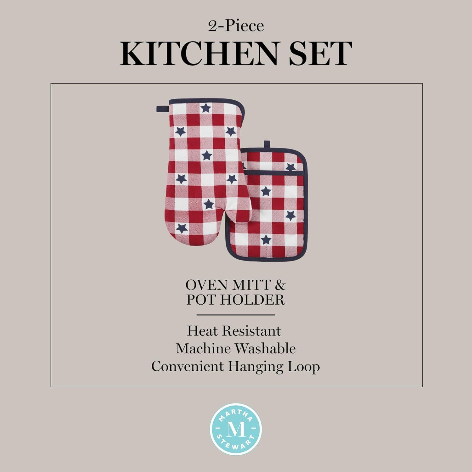 image:imageMARTHA STEWART Americana Star Gihgham Oven Mitt ampamp Pot Holder Set 100 Cotton Heat Resistant Patriotic USA America Decor RedWhiteBlue 7quotx13quot ampamp 7quotx10quot