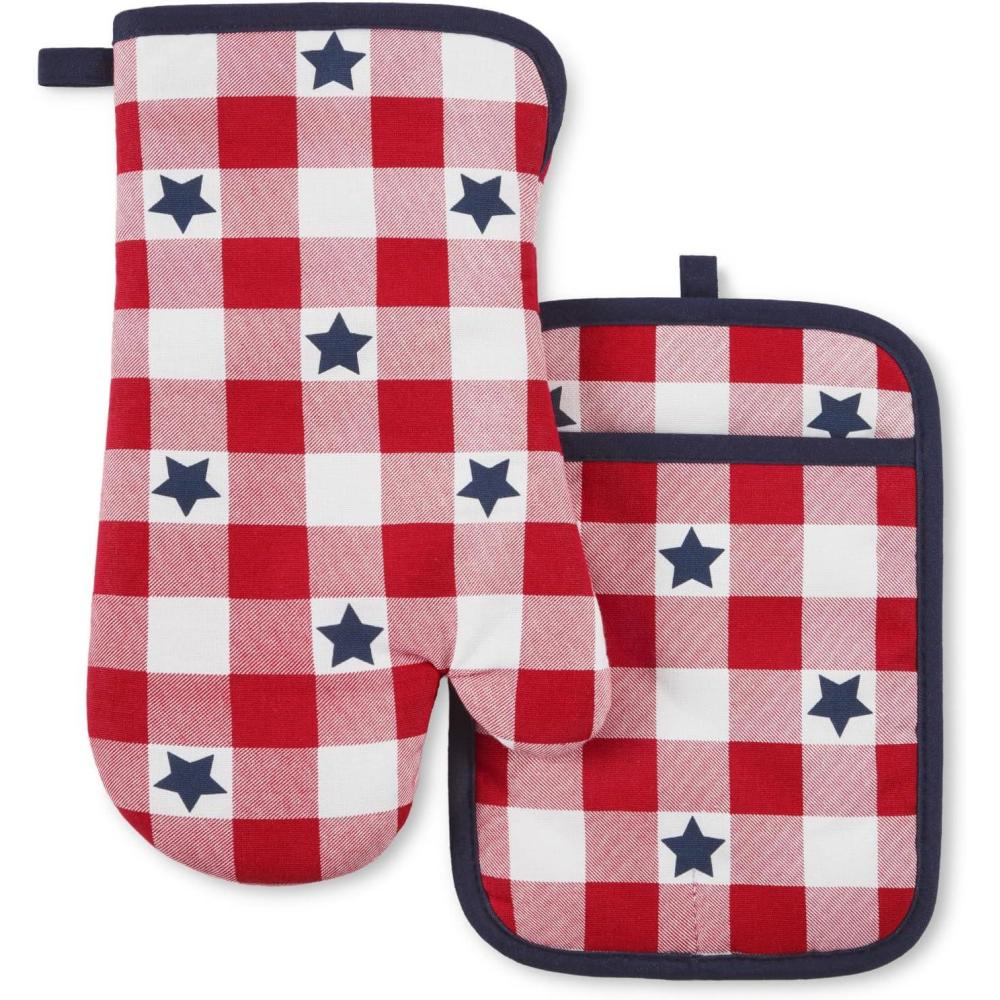 image:imageMARTHA STEWART Americana Star Gihgham Oven Mitt ampamp Pot Holder Set 100 Cotton Heat Resistant Patriotic USA America Decor RedWhiteBlue 7quotx13quot ampamp 7quotx10quot