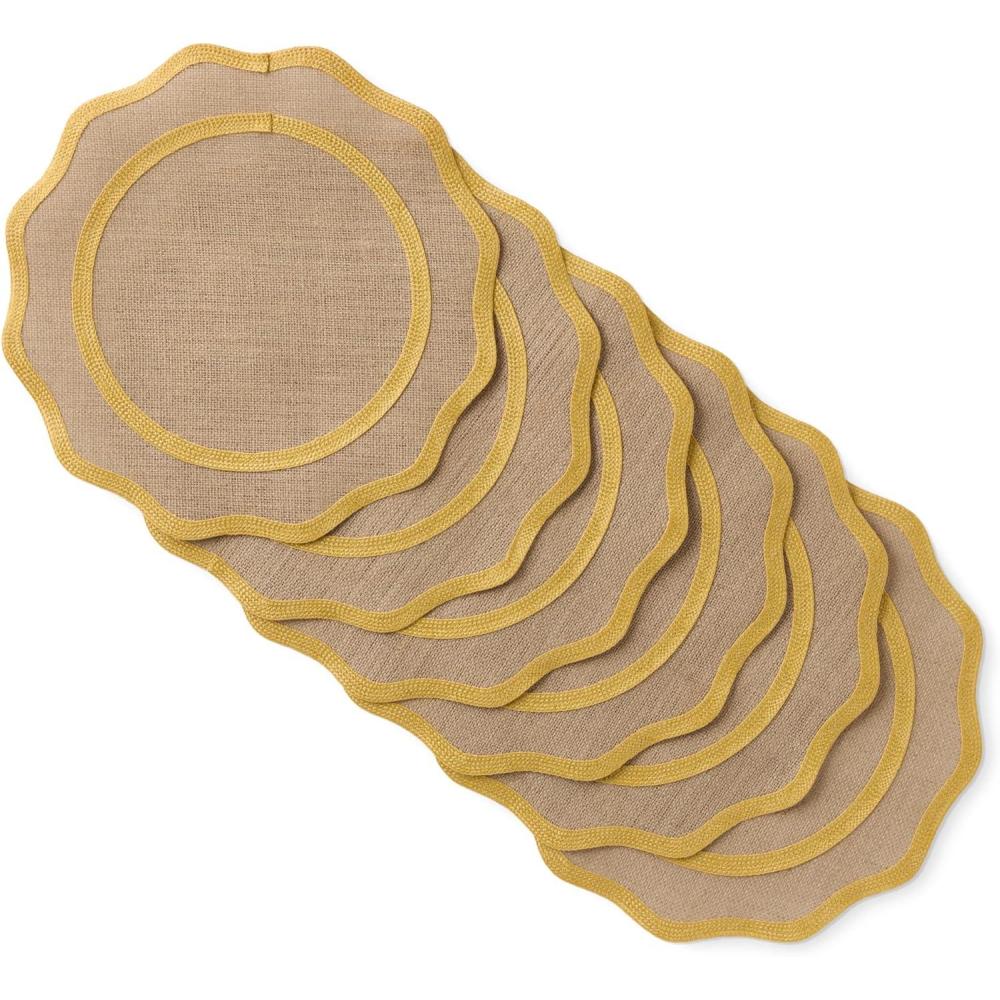 image:imageMARTHA STEWART Hessian Textured Wedge Border Placemats 6Pack Set 100 Natural Jute ampamp Burlap Woven Scallop Border Placemat NaturalMustard Yellow 15x15 RoundNaturalMustard Yellow