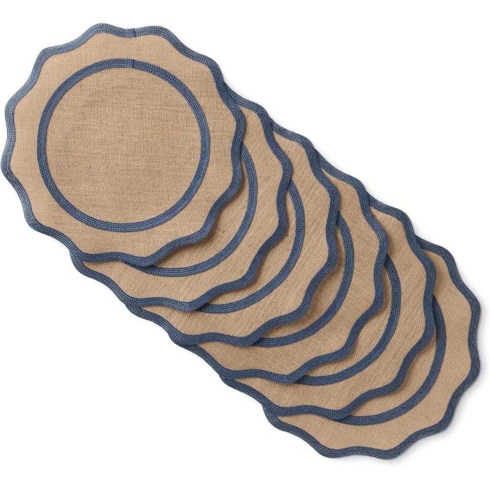image:imageMARTHA STEWART Hessian Textured Wedge Border Placemats 6Pack Set 100 Natural Jute ampamp Burlap Woven Scallop Border Placemat NaturalMustard Yellow 15x15 RoundNaturalNavy Blue