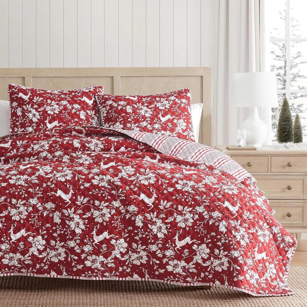 image:imageMartha Stewart  Queen Quilt Set Classic Quilted Bedding Lightweight Incredibly Soft ampamp Wrinkle Resistant Quilt with Matching Pillowcases 3 Piece Bed Set Dancing Deer RedDancing Deer Red