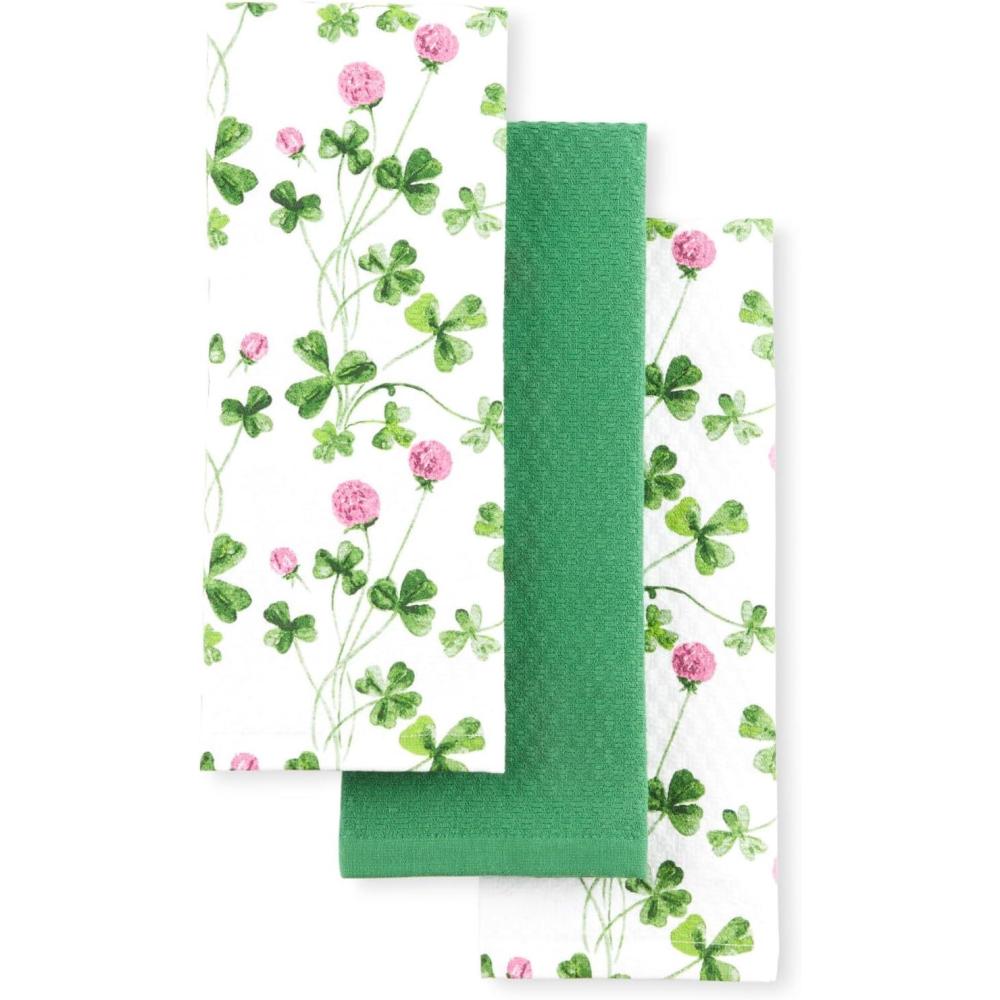 image:imageMartha Stewart Clover Meadow Kitchen Towel Set 3Pack Absorbent 100 Cotton St Patricks Day WhiteGreen 13quotx175quot