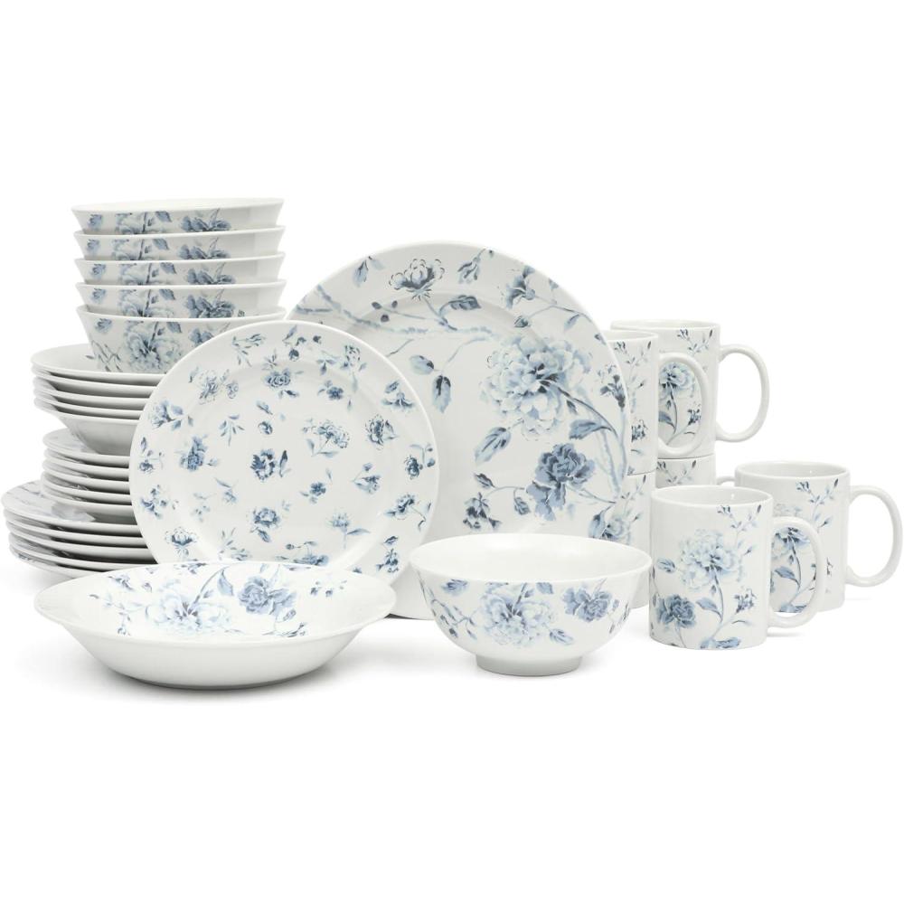 image:imageMartha Stewart Empress Bouquet 30 Piece Decorated Porcelain Chip and Scratch Resistant Dinnerware Plates and Bowls Set  Blue FloralBlue Floral