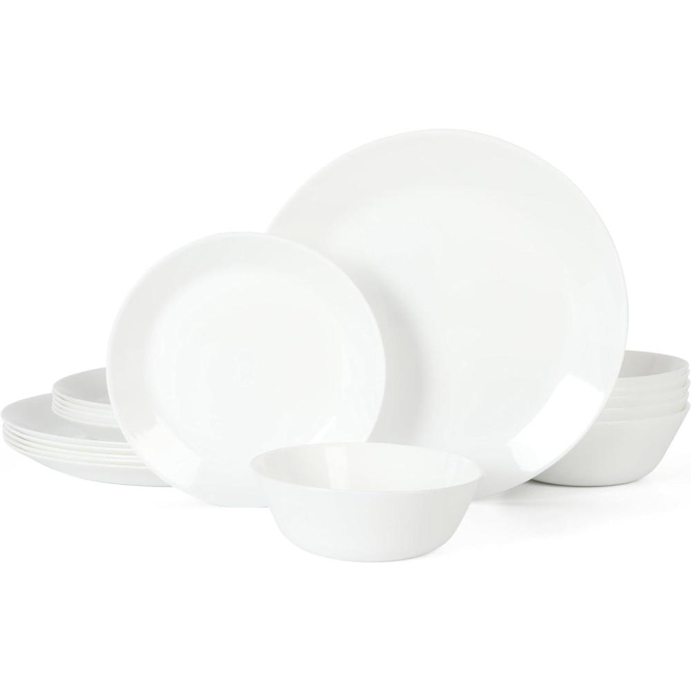 image:imageMartha Stewart Opalton 18Piece Dinnerware Set  Chip and Break Resistant Opal Glass Plates and Bowls Lightweight White Dinner Set for 6 Microwave and Dishwasher Safe