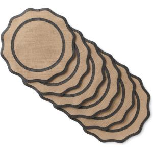 MARTHA STEWART Hessian Textured Wedge Border Placemats 6-Pack Set, 100% Natural Jute & Burlap, Woven Scallop Border Placemat, Natural/Mustard Yellow, 15”x15” Round(Natural/Black)