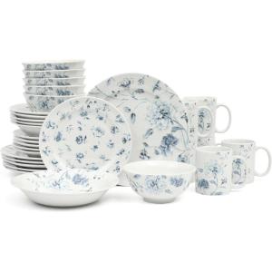 Martha Stewart Empress Bouquet 30 Piece Decorated Porcelain Chip and Scratch Resistant Dinnerware Plates and Bowls Set – Blue Floral(Blue Floral)