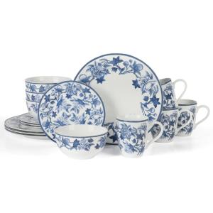 Martha Stewart Goodale 16-Piece Vintage Blue Stoneware Dinnerware Set – Durable Chip-Resistant Plates and Bowls, Elegant Rustic Kitchen Tableware for 4