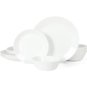 Martha Stewart Opalton 18-Piece Dinnerware Set – Chip and Break Resistant Opal Glass Plates and Bowls, Lightweight White Dinner Set for 6, Microwave and Dishwasher Safe