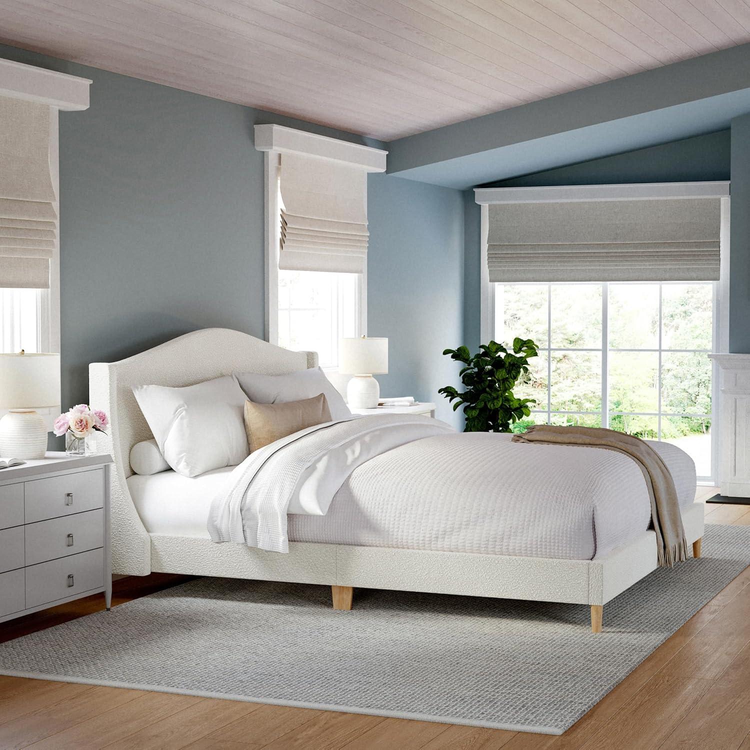image:imageMartha Stewart Amelia Platform Bed with Curved Headboard and Cushioned Side Rails Faux Linen Upholstery Wood Slat Foundation No Box Spring Needed King GrayOffwhite BoucleLight Beech Legs