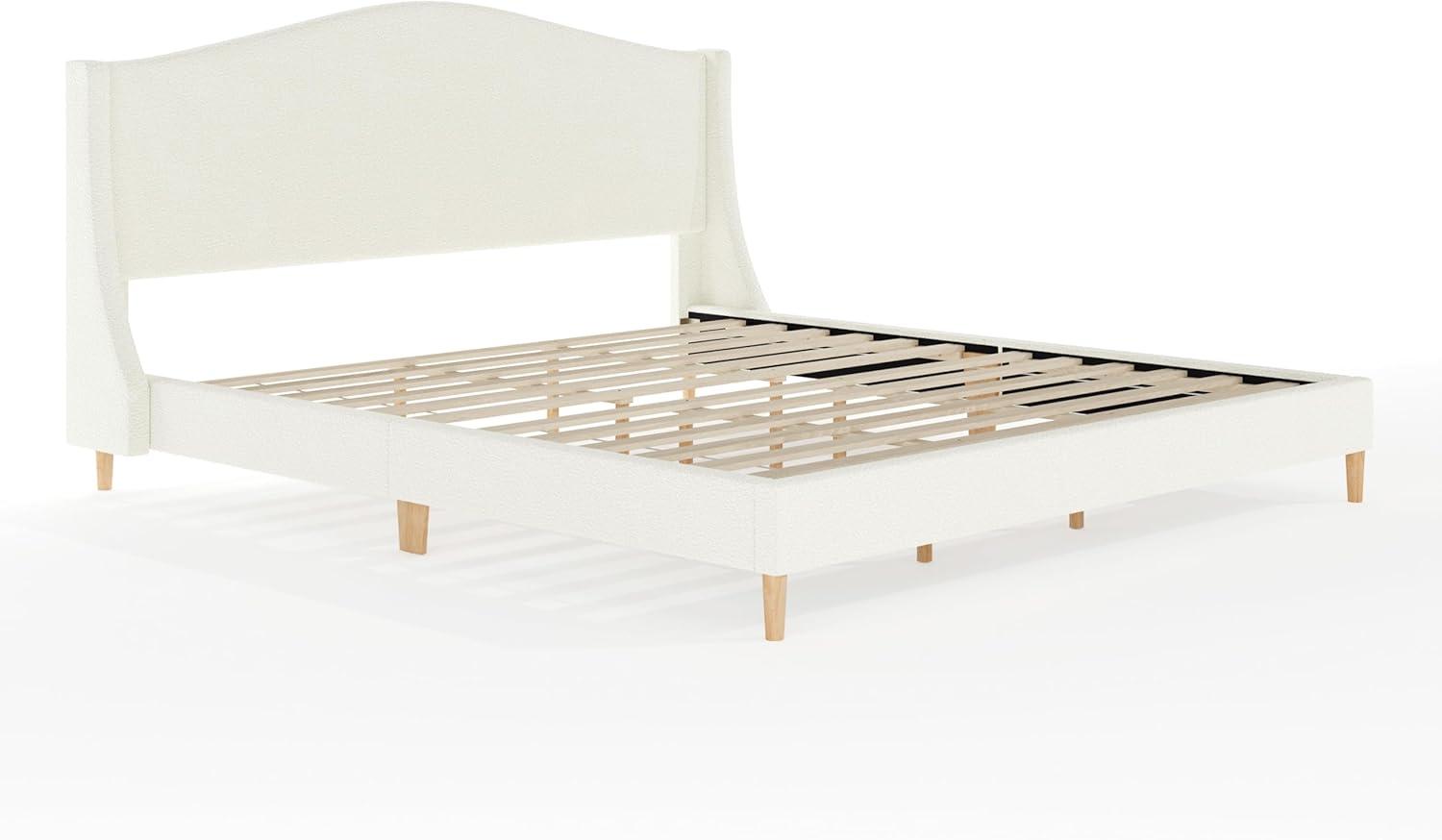 image:imageMartha Stewart Amelia Platform Bed with Curved Headboard and Cushioned Side Rails Faux Linen Upholstery Wood Slat Foundation No Box Spring Needed King GrayOffwhite BoucleLight Beech Legs