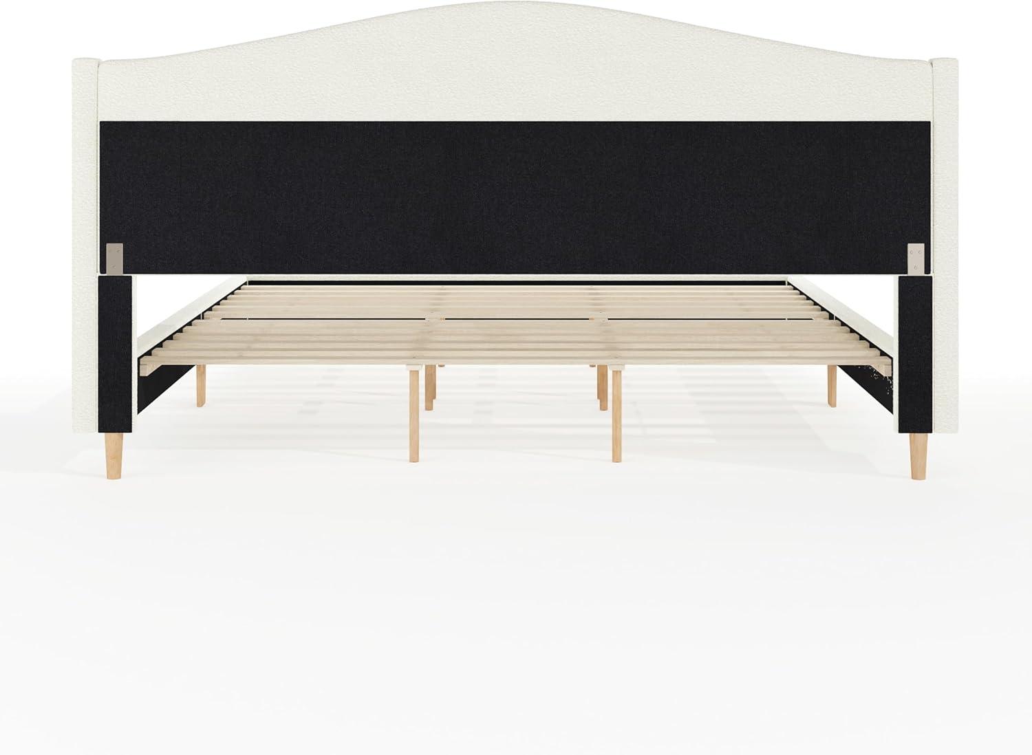 image:imageMartha Stewart Amelia Platform Bed with Curved Headboard and Cushioned Side Rails Faux Linen Upholstery Wood Slat Foundation No Box Spring Needed King GrayOffwhite BoucleLight Beech Legs