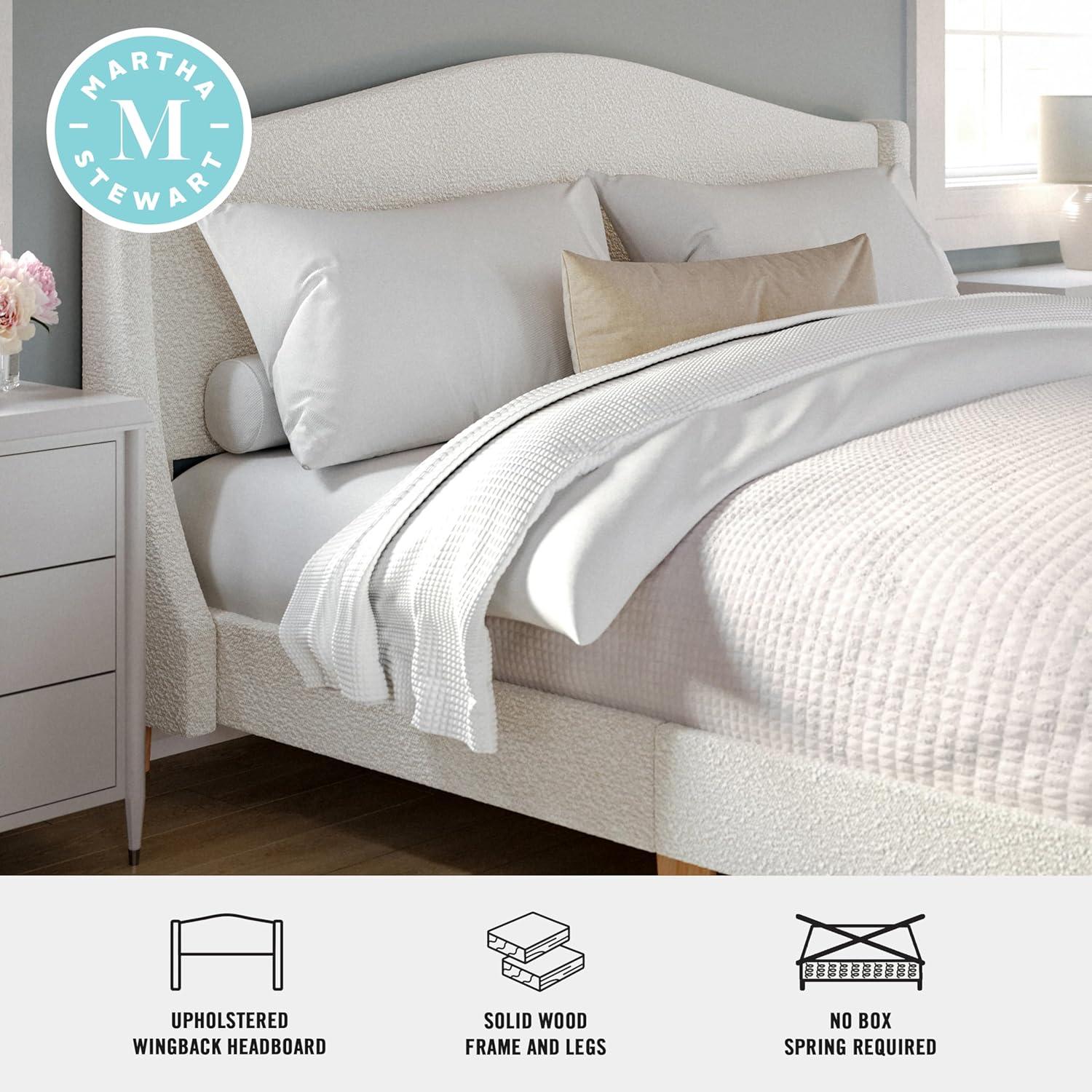 image:imageMartha Stewart Amelia Platform Bed with Curved Headboard and Cushioned Side Rails Faux Linen Upholstery Wood Slat Foundation No Box Spring Needed King GrayOffwhite BoucleLight Beech Legs