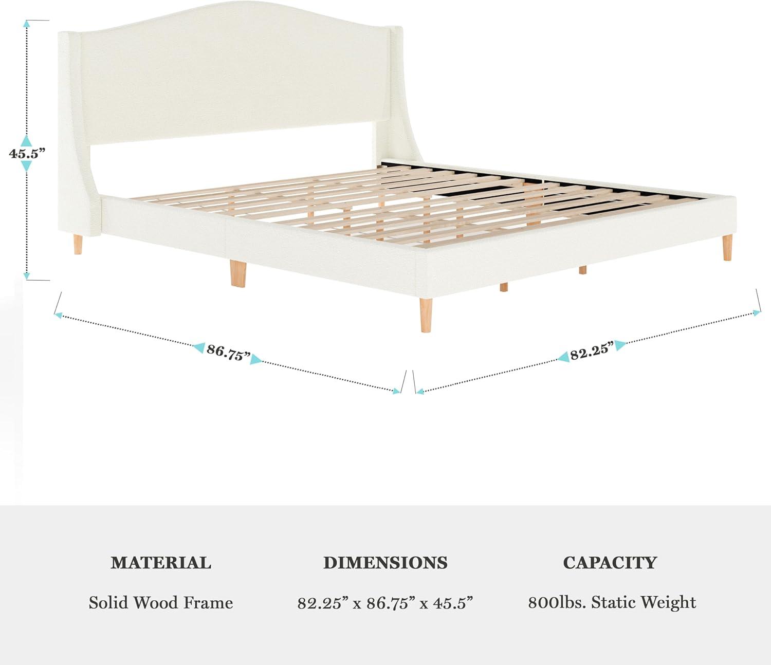 image:imageMartha Stewart Amelia Platform Bed with Curved Headboard and Cushioned Side Rails Faux Linen Upholstery Wood Slat Foundation No Box Spring Needed King GrayOffwhite BoucleLight Beech Legs