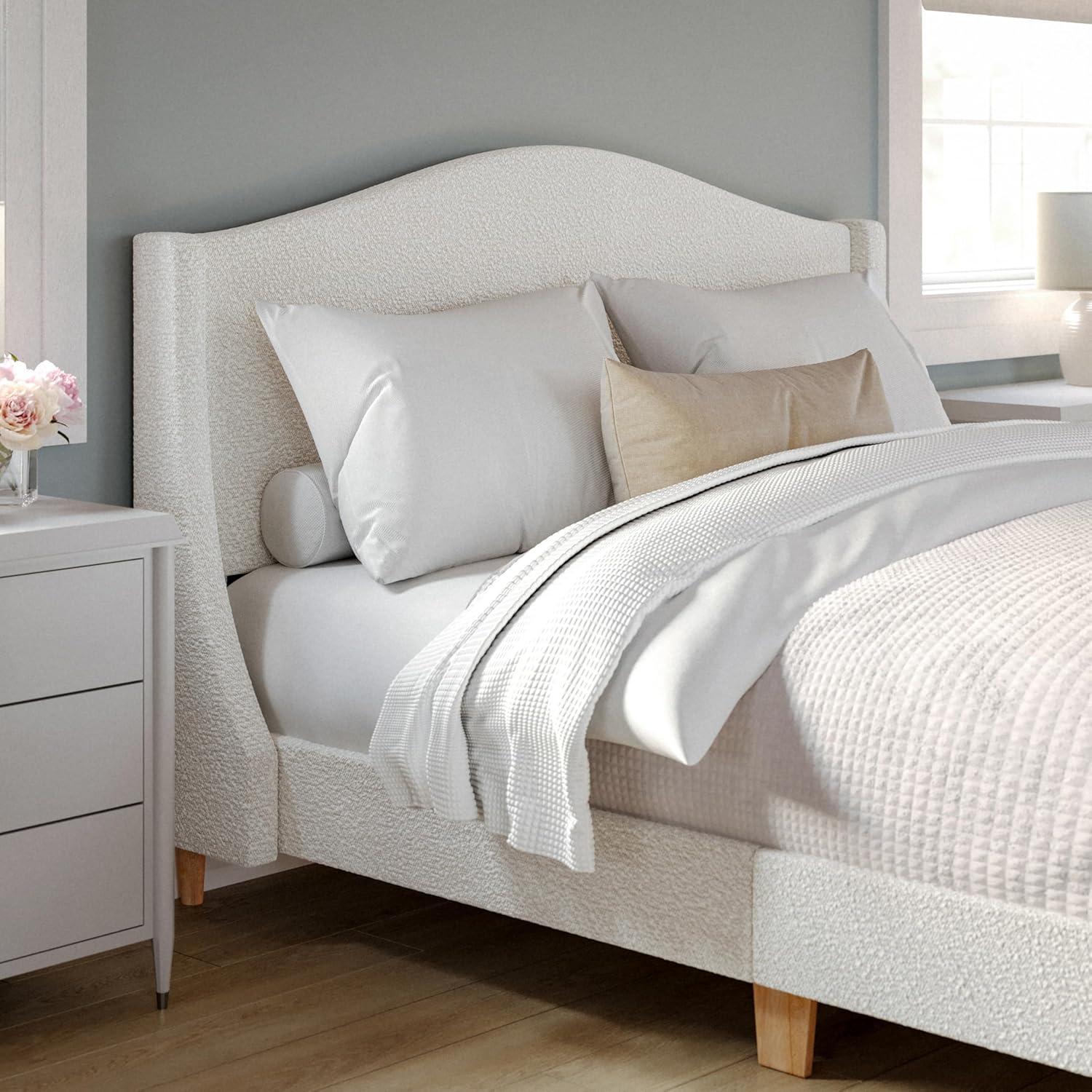 image:imageMartha Stewart Amelia Platform Bed with Curved Headboard and Cushioned Side Rails Faux Linen Upholstery Wood Slat Foundation No Box Spring Needed King GrayOffwhite BoucleLight Beech Legs