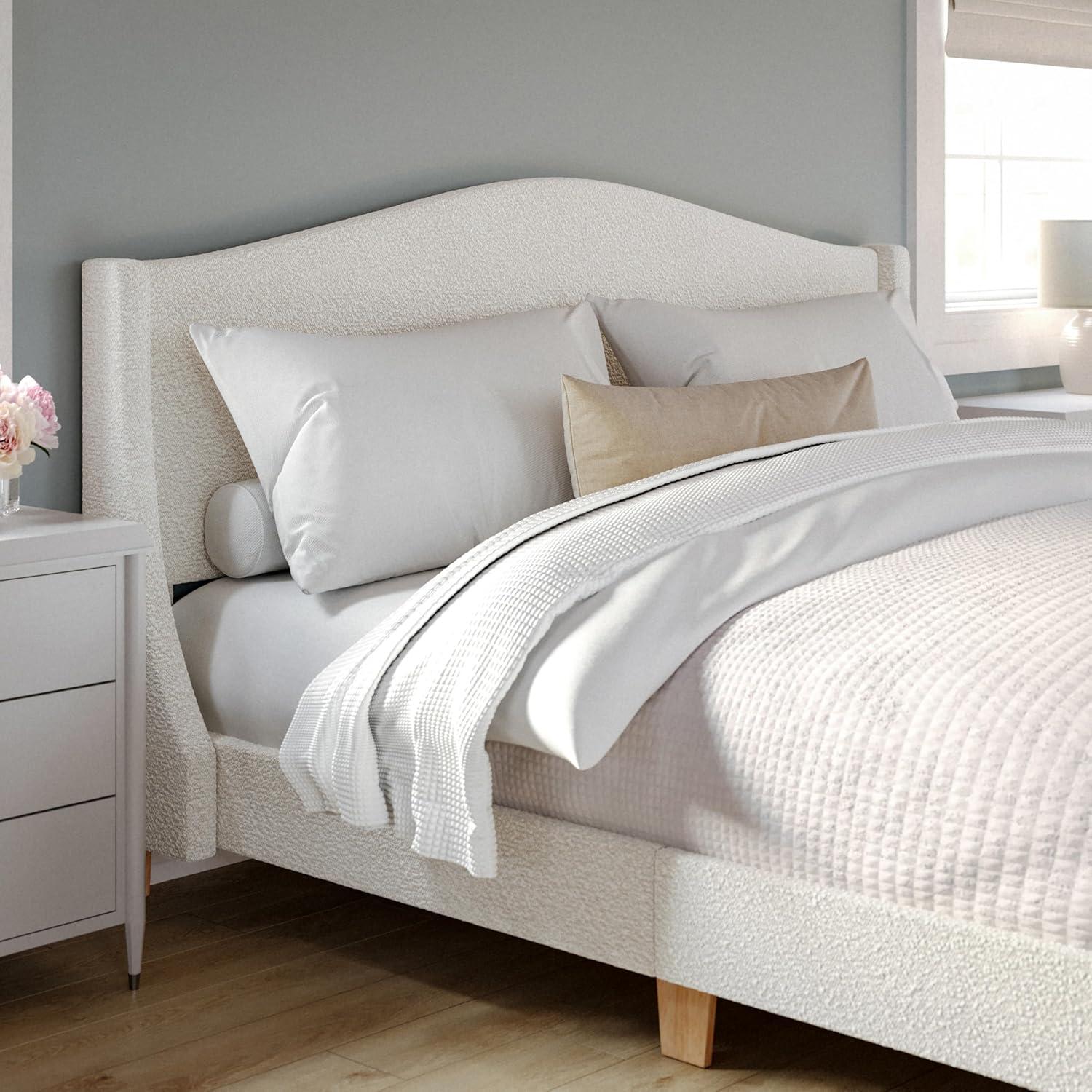 image:imageMartha Stewart Amelia Platform Bed with Curved Headboard and Cushioned Side Rails Faux Linen Upholstery Wood Slat Foundation No Box Spring Needed King GrayOffwhite BoucleLight Beech Legs