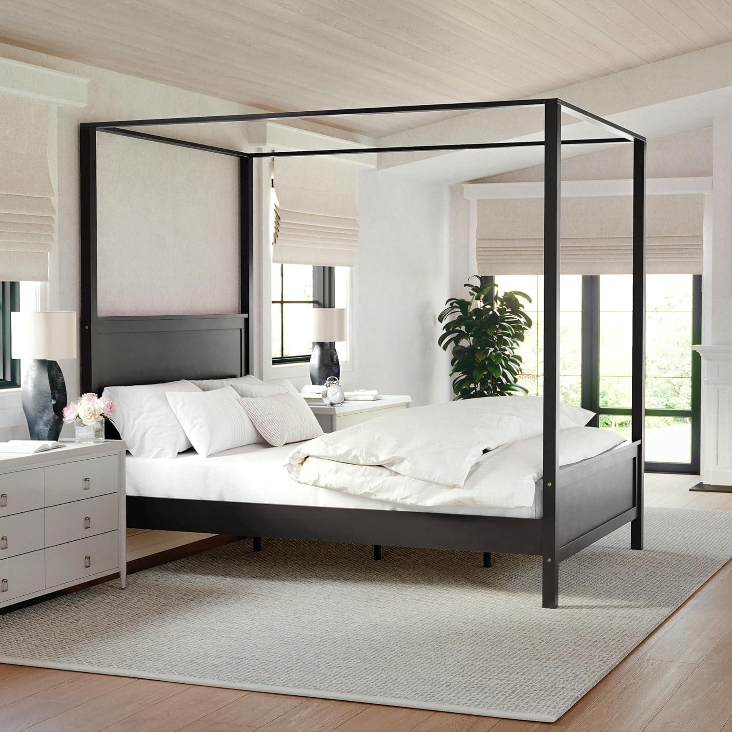 image:imageMartha Stewart Hayes Canopy Platform Bed with Wood Headboard and Footboard Solid Wood Frame No Box Spring Needed Queen Size Dark Gray